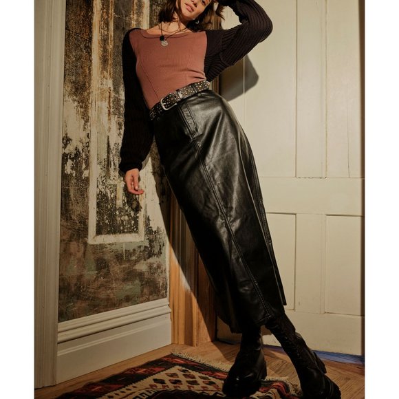 🎉LAST CHANCE🎉 FREE PEOPLE City Slicker Vegan Maxi Skirt / Black - Picture 6 of 7